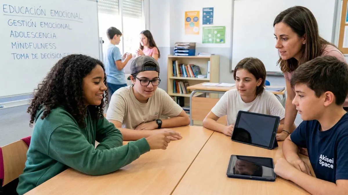Alumnos y profesora en una actividad educativa sobre gestión emocional en el aula