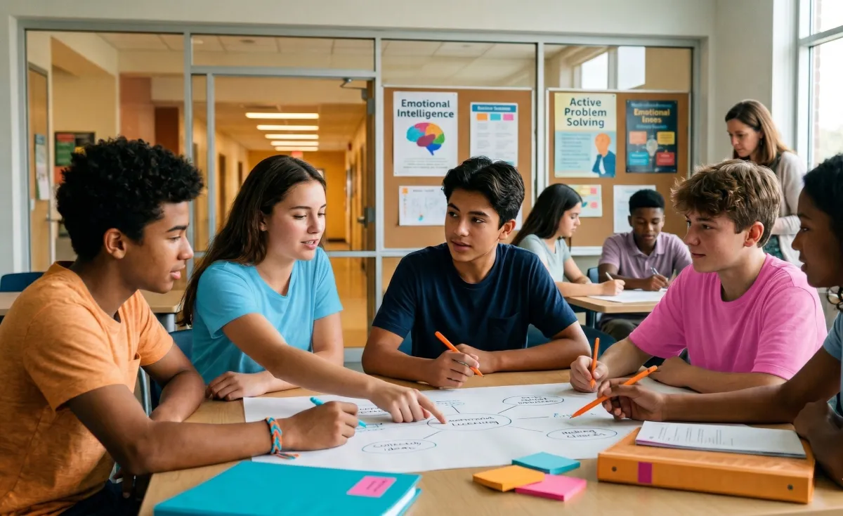 Adolescentes sentados en clase aplicando técnicas de desarrollo emocional